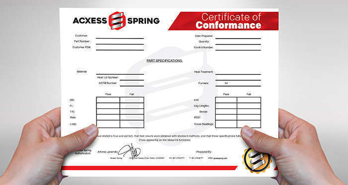 coil spring certificate of conformance